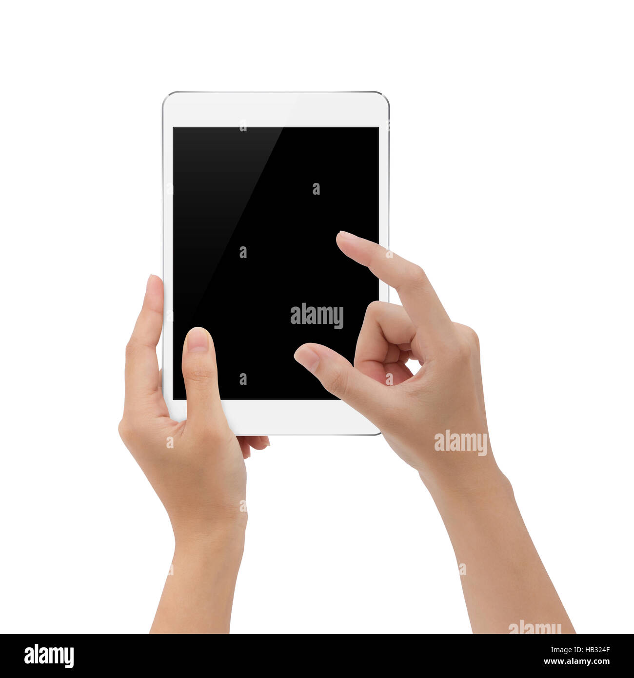 hand using digital tablet on white background, mock-up tablet blank screen Stock Photo