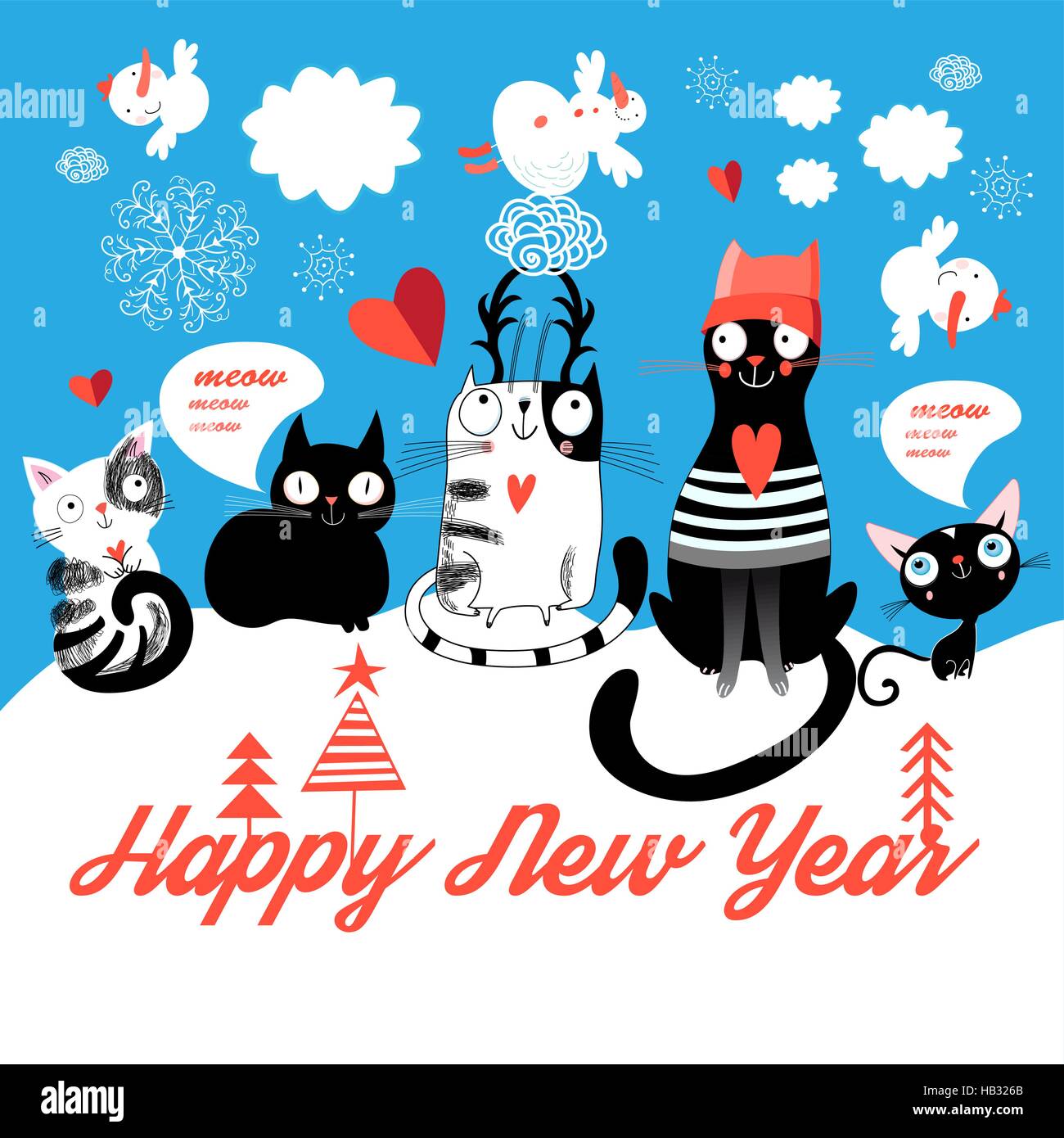 Bright Christmas card with cats and snowmen on a blue background Stock ...