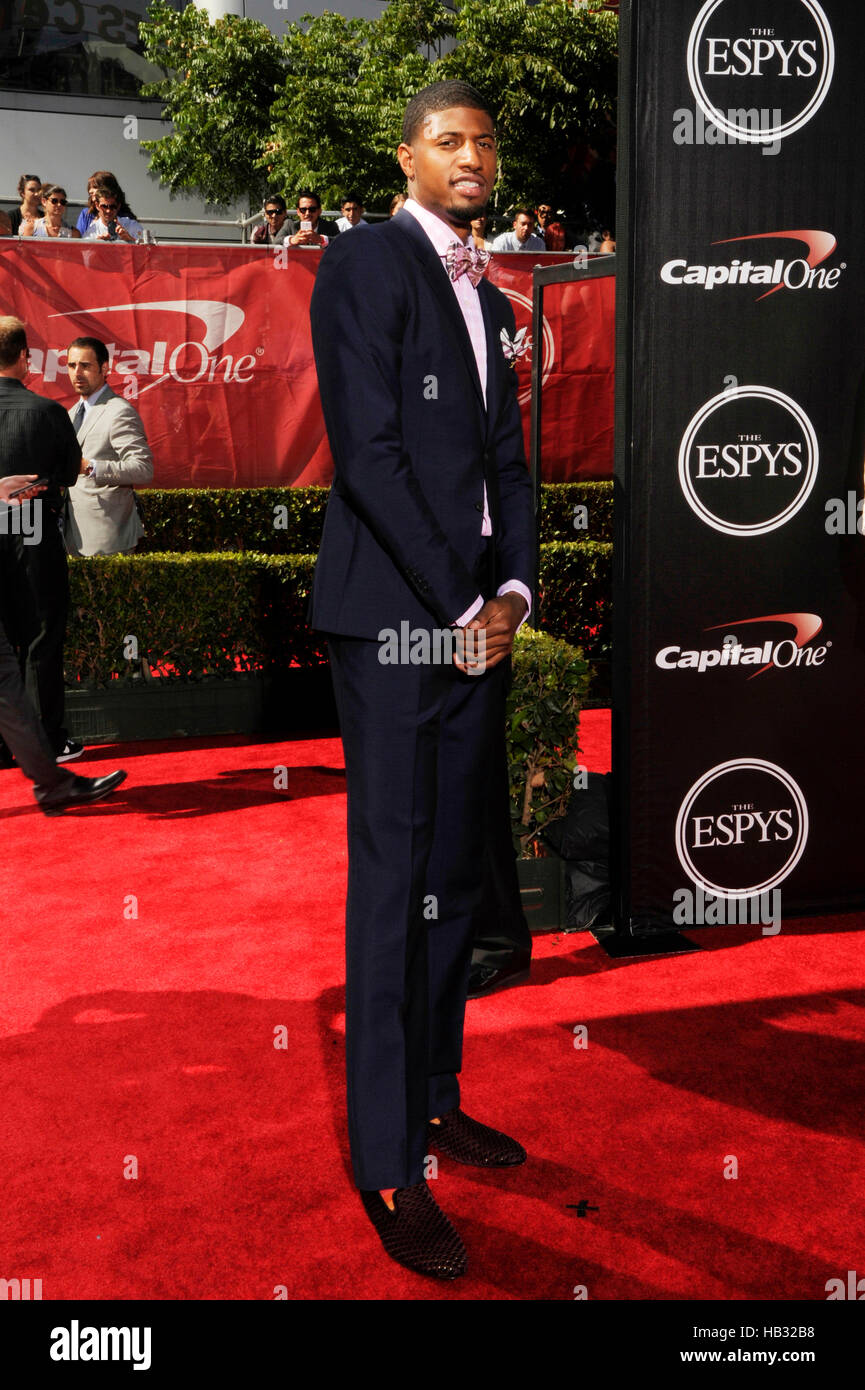 NBA star Paul George arrives at the 2014 ESPY Awards at Nokia Theatre L.A. Live on July 16, 2014 in Los Angeles, California. Stock Photo
