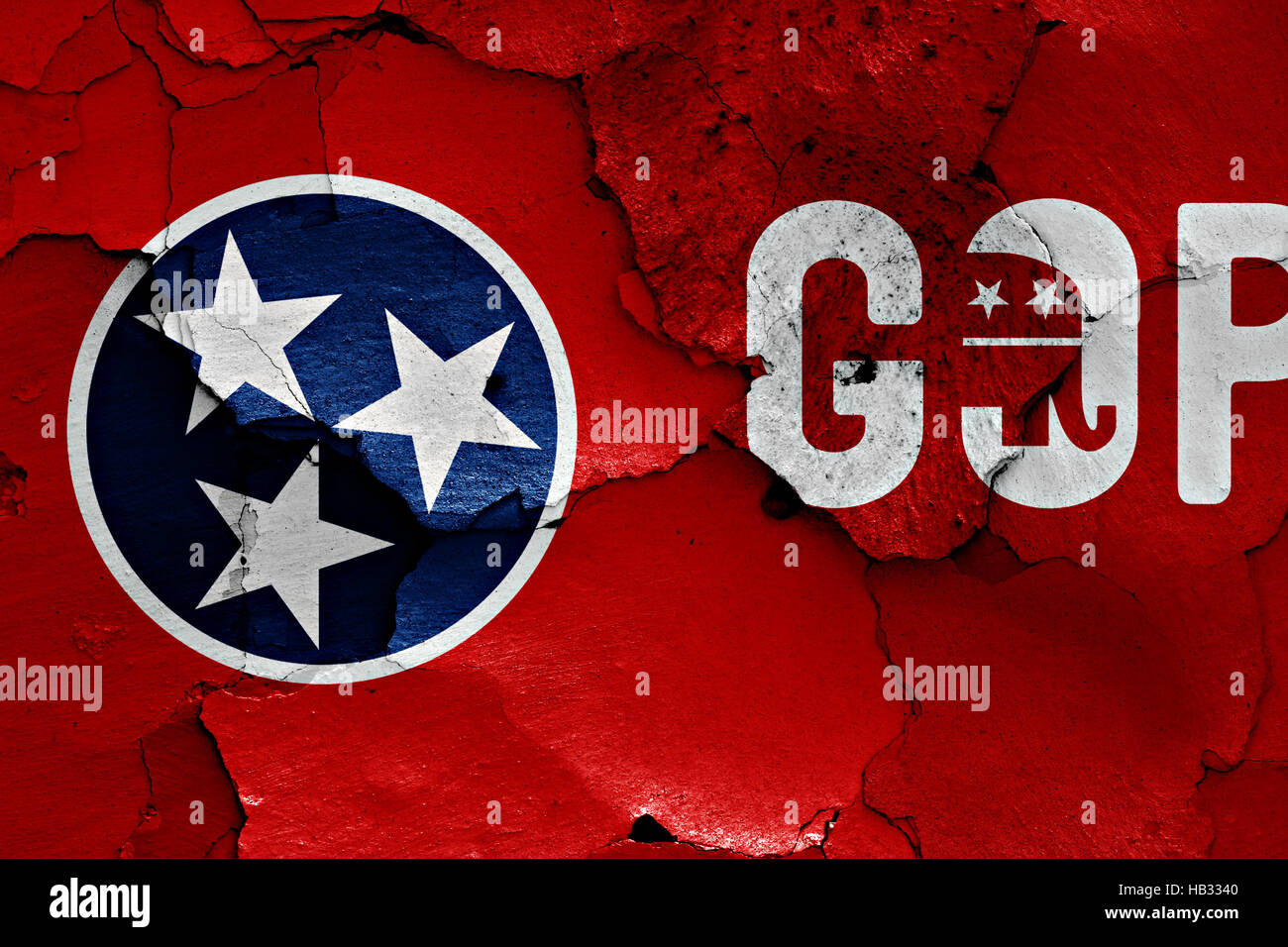 flag of Tennessee and GOP painted on cracked wall Stock Photo