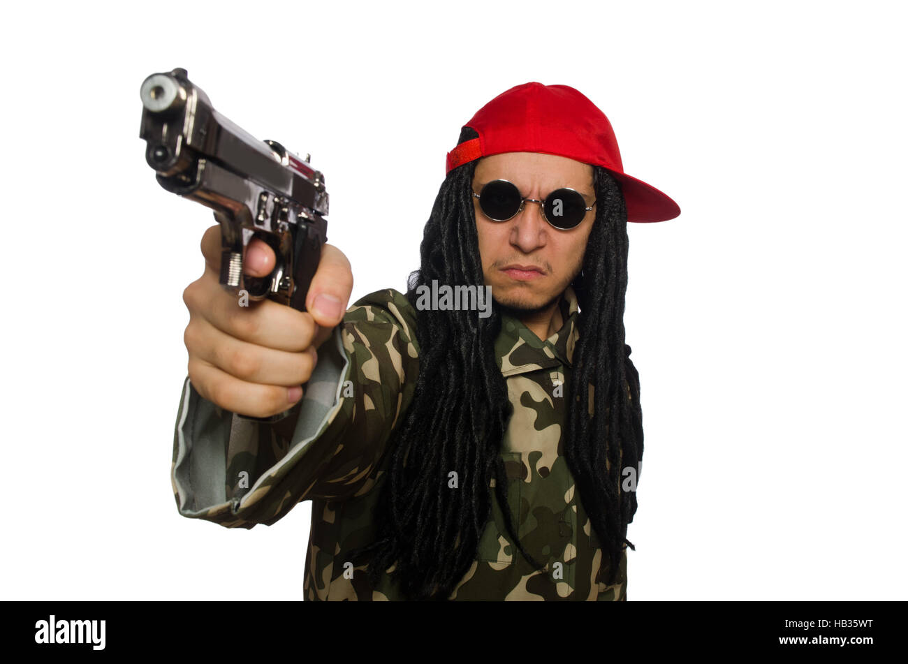 Funny guy with gun isolated on white Stock Photo - Alamy