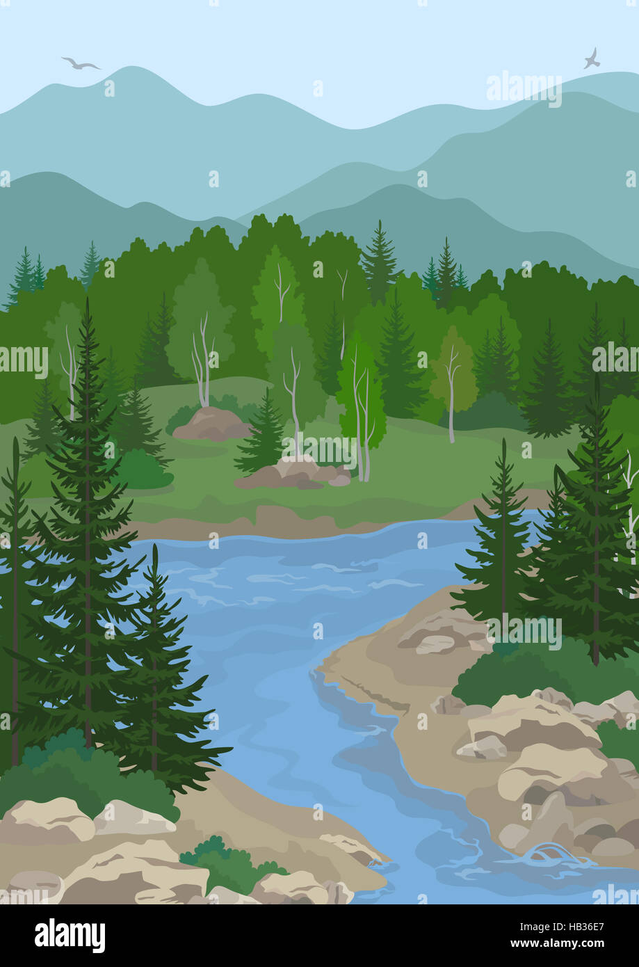 Landscape with Trees and Mountain River Stock Photo - Alamy
