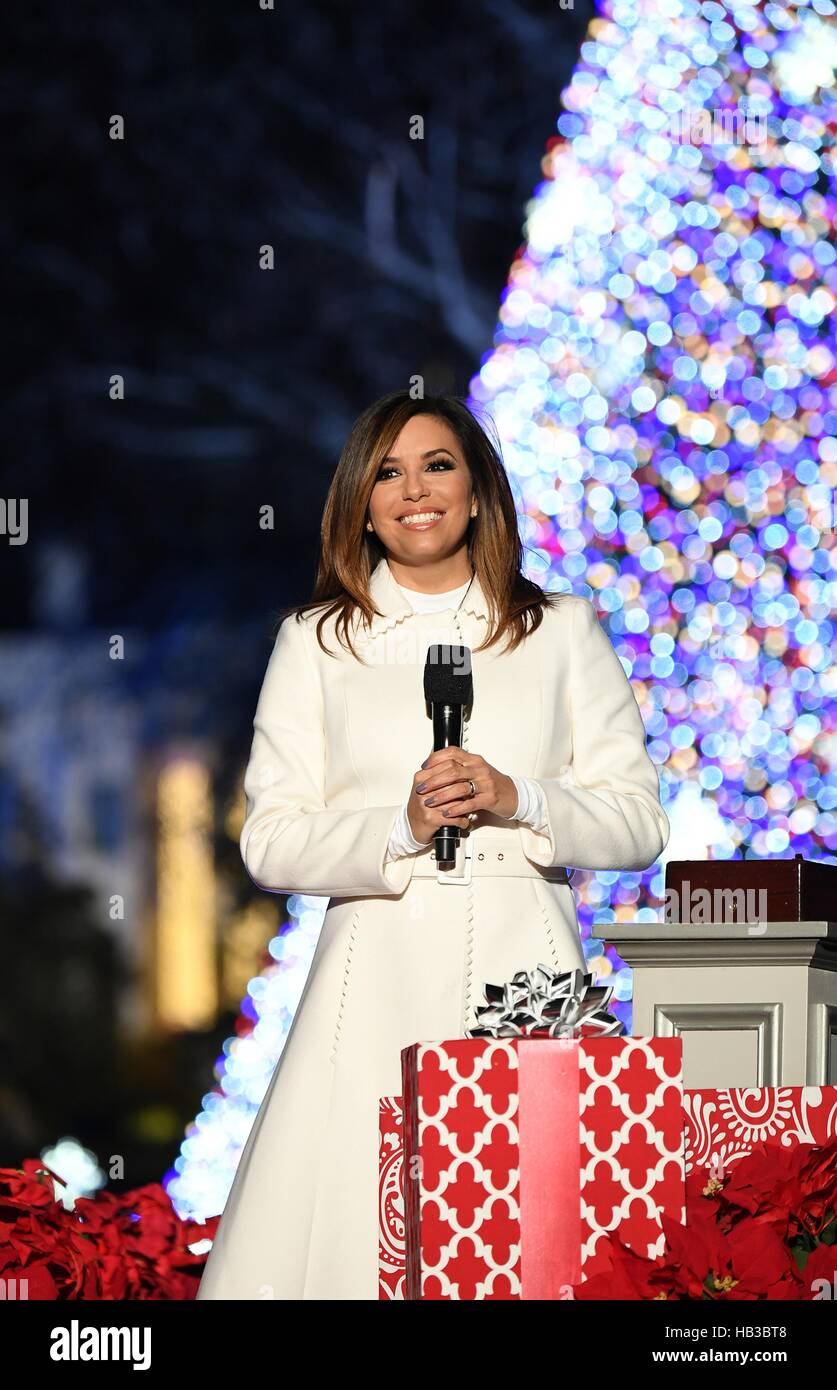 Actress Eva Longoria performs during the lighting of the national Christmas tree ceremony on the Ellipse December 1, 2016 in Washington, DC. Stock Photo