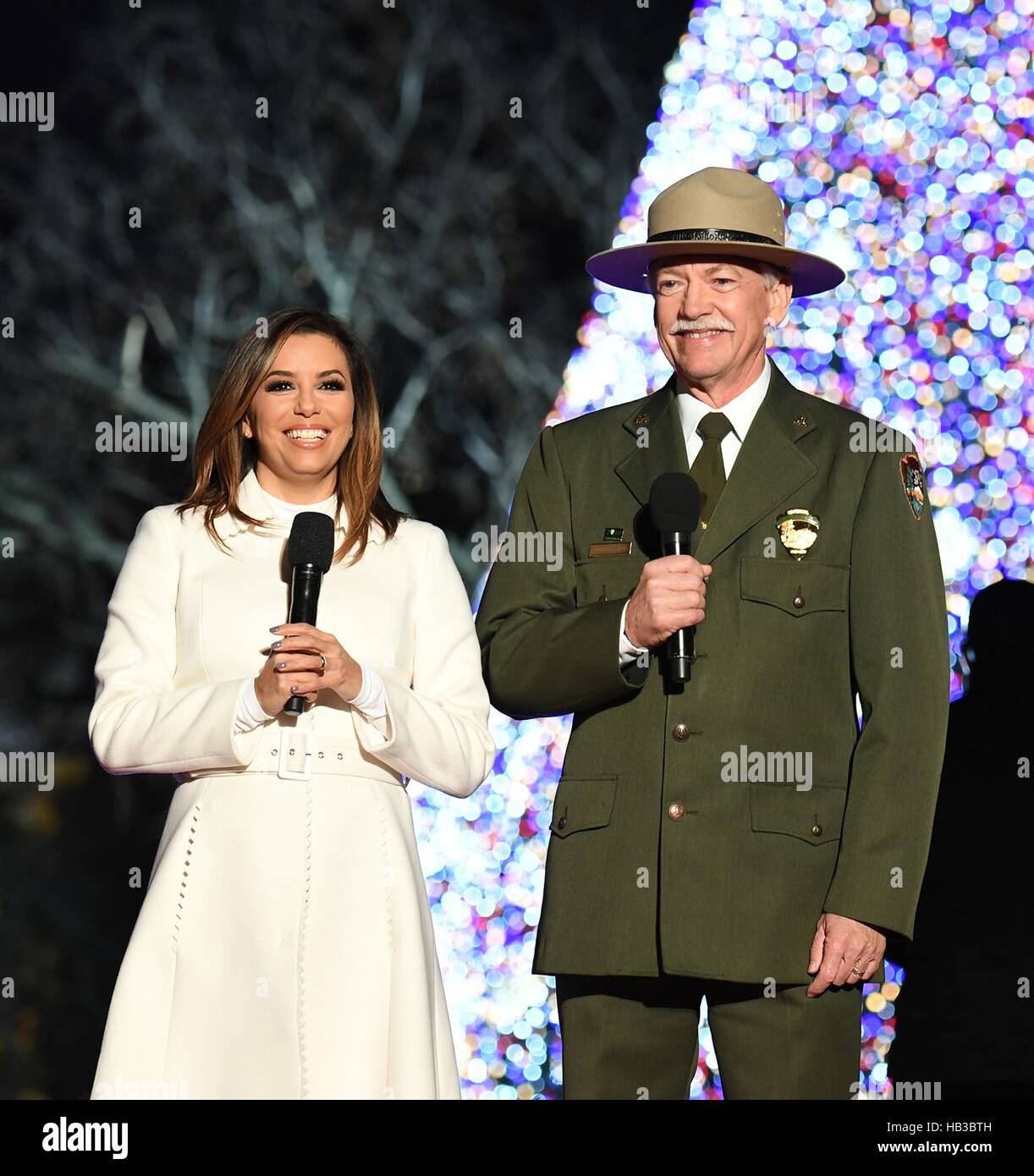Actress Eva Longoria and National Park Service Director Jonathan Jarvis host the lighting of the national Christmas tree ceremony on the Ellipse December 1, 2016 in Washington, DC. Stock Photo