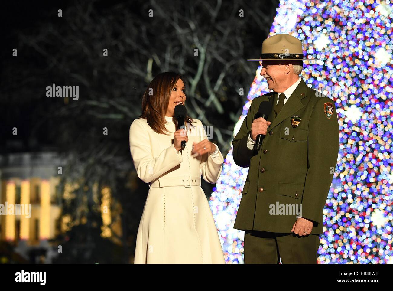 Actress Eva Longoria and National Park Service Director Jonathan Jarvis host the lighting of the national Christmas tree ceremony on the Ellipse December 1, 2016 in Washington, DC. Stock Photo