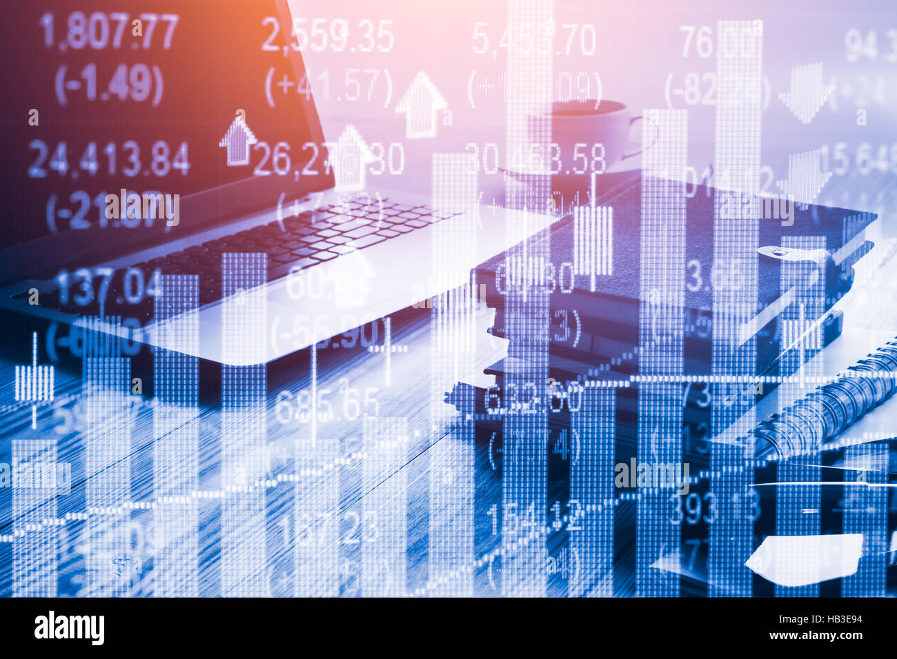 Stock market indicator and financial data view from LED. Double exposure financial graph and