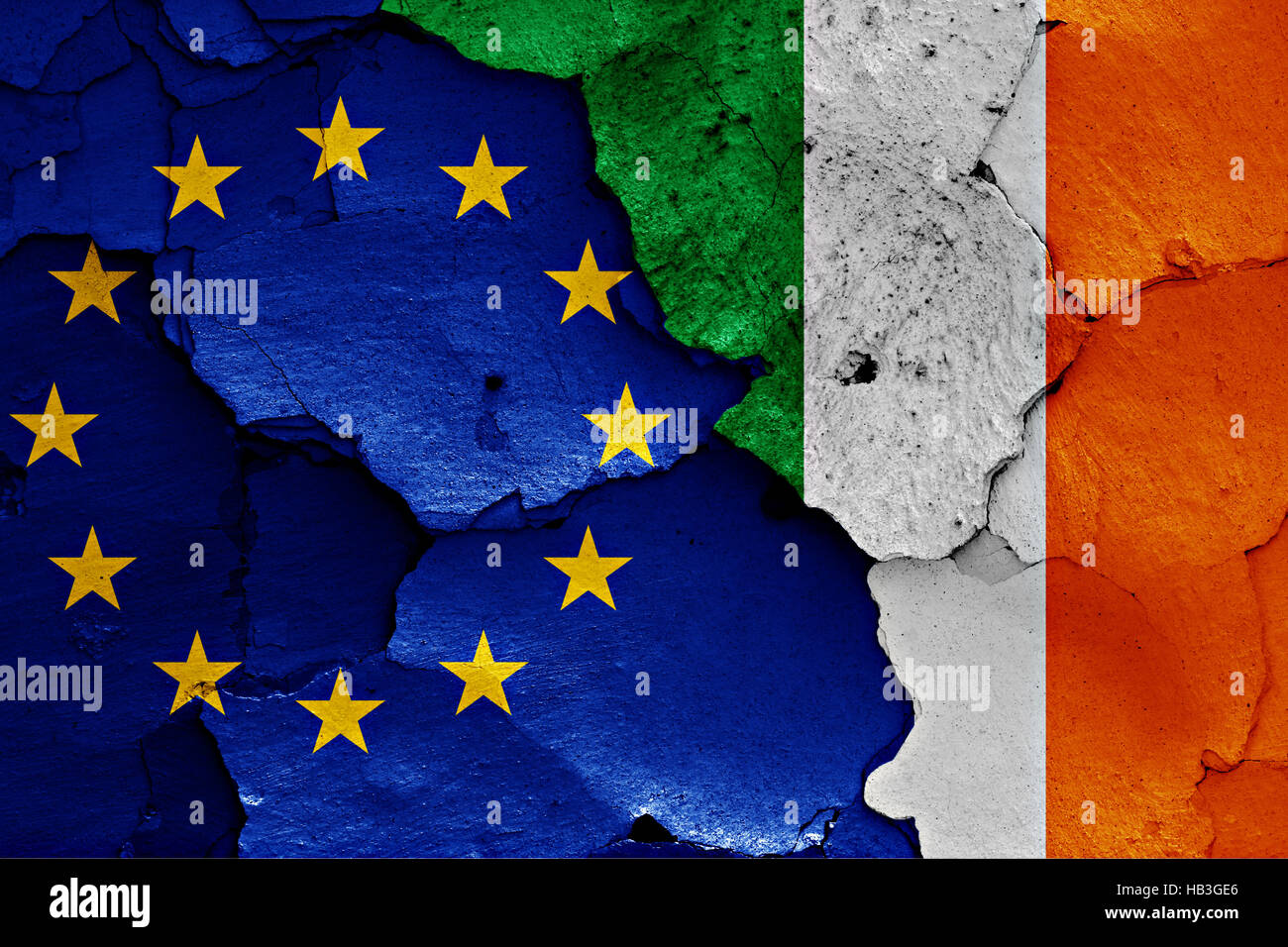 flags of EU and Ireland painted on cracked wall Stock Photo - Alamy