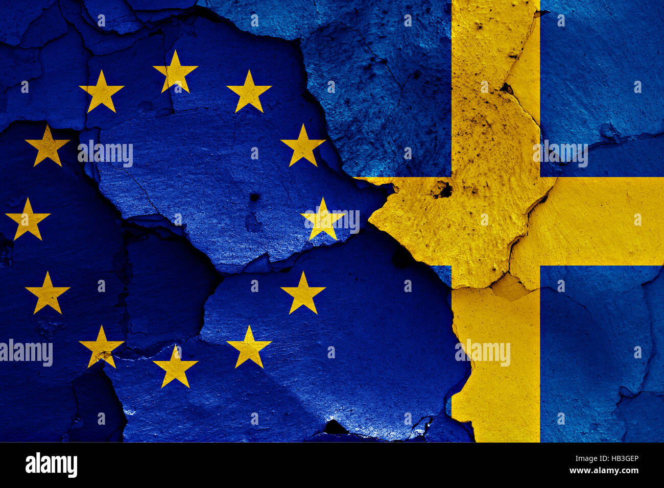 flags of EU and Sweden painted on cracked wall Stock Photo - Alamy
