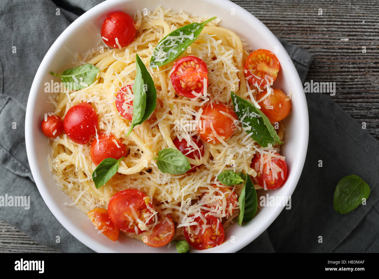pasta with cheese and tomato top view, food Stock Photo