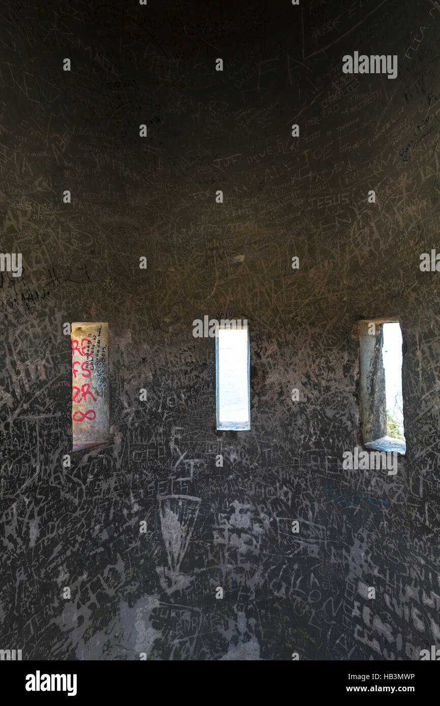 Interior of the turret within the fort of Pampatar with graffitis on the wall. Isla Margarita, Venezuela Stock Photo