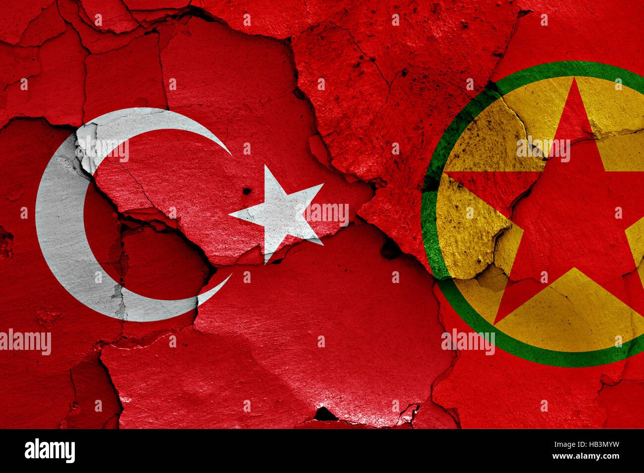 flags of Turkey and PKK painted on cracked wall Stock Photo