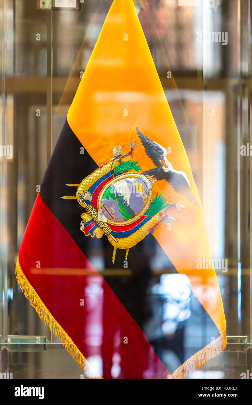 National flag of Ecuador with reflections in Quito Stock Photo