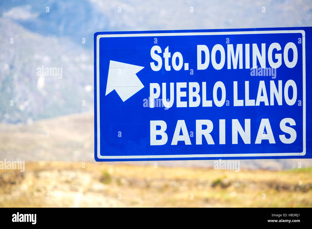 Road sign to Barinas and Pueblo Llano in Merida, Venezuela Stock Photo