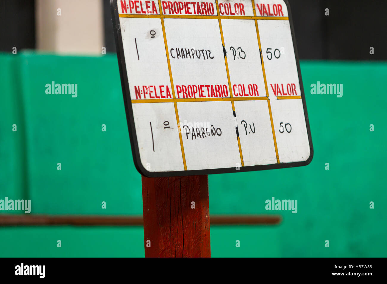 Scoring board during a cockfight in Otavalo Stock Photo