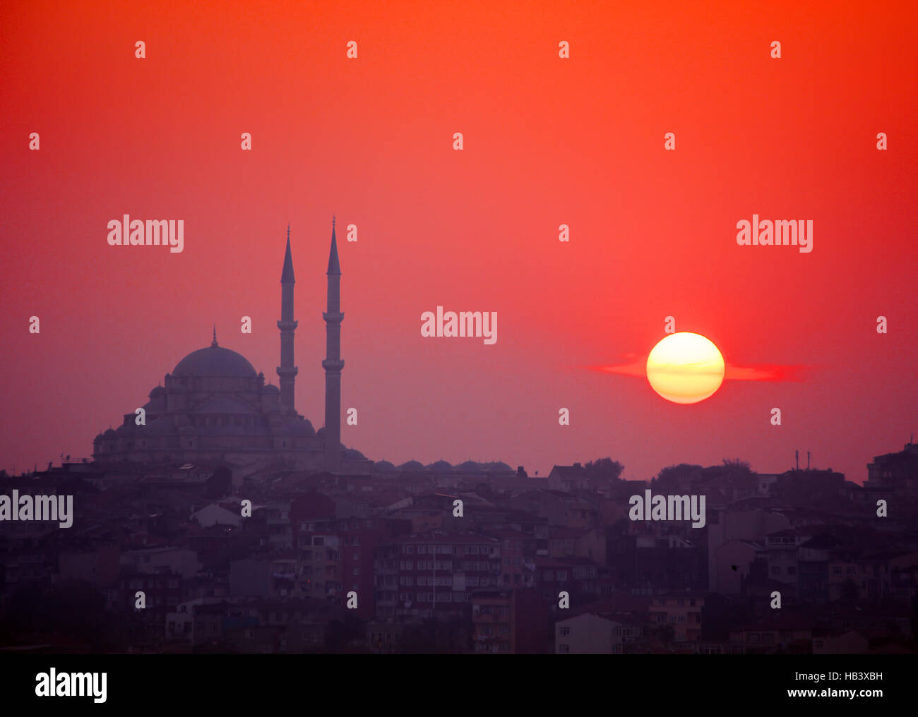 Sunset and Yavuz Selim mosque Stock Photo