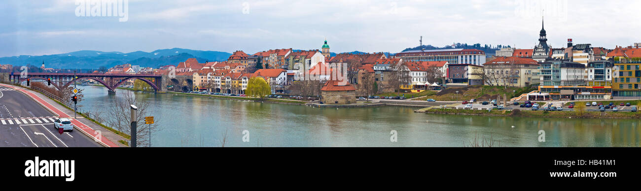 Town of Maribor riverfront panorama Stock Photo