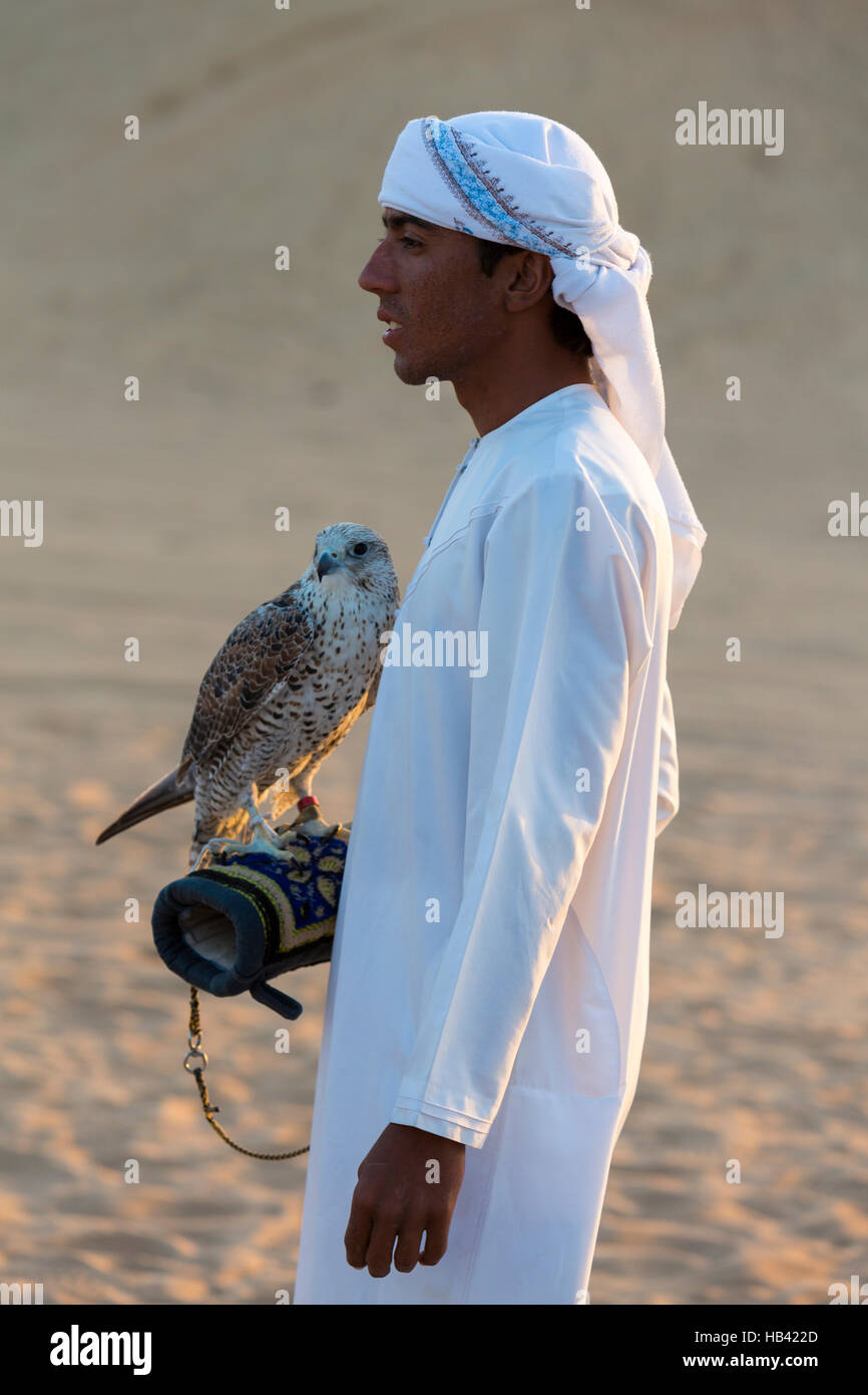 Young arab man holding a hawk in the desert near Dubai, UAE Stock Photo