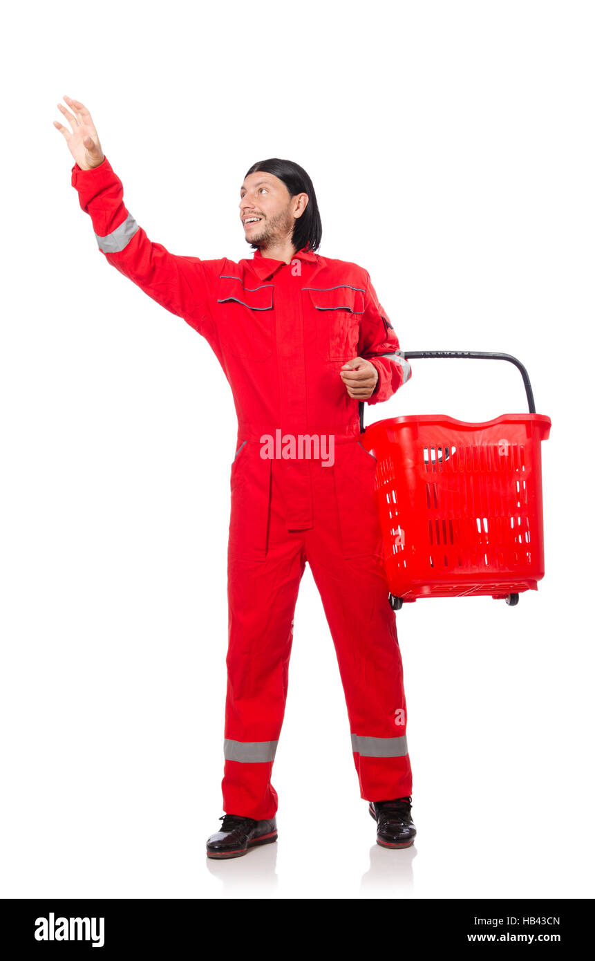 Man wearing red coveralls isolated on white Stock Photo - Alamy