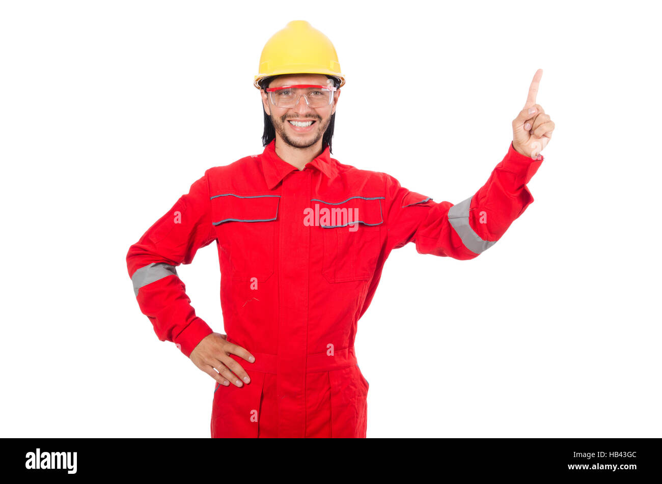 Man wearing red coveralls isolated on white Stock Photo - Alamy