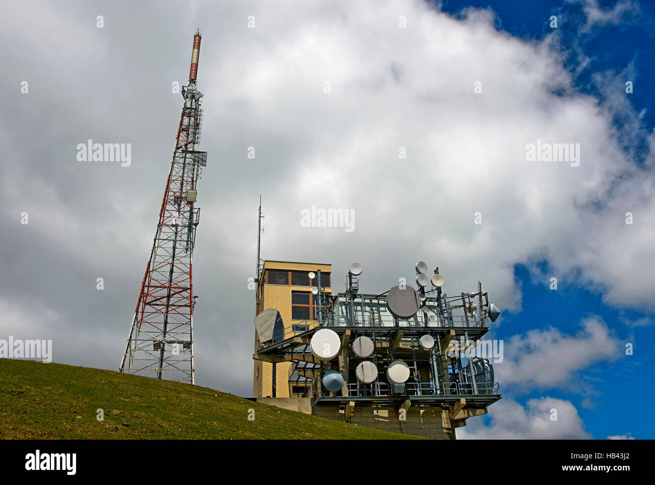 Relais station and broadcasting tower La Barillette, Jura mountains, Nyon, Vaud, Switzerland Stock Photo