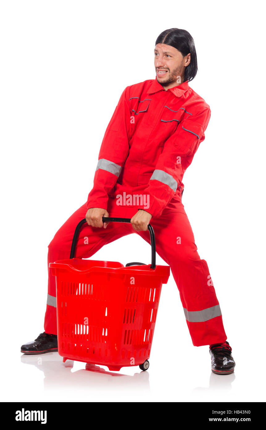 Man wearing red coveralls isolated on white Stock Photo - Alamy