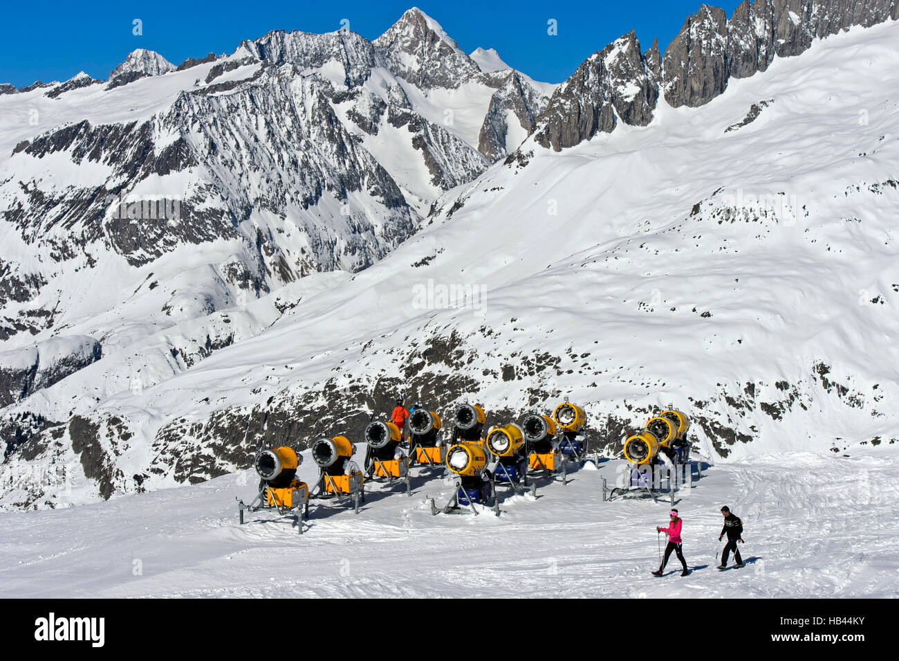 Snow guns at a ski slope in the skiing area Aletscharena, Bettmeralp, Valais, Switzerland Stock Photo