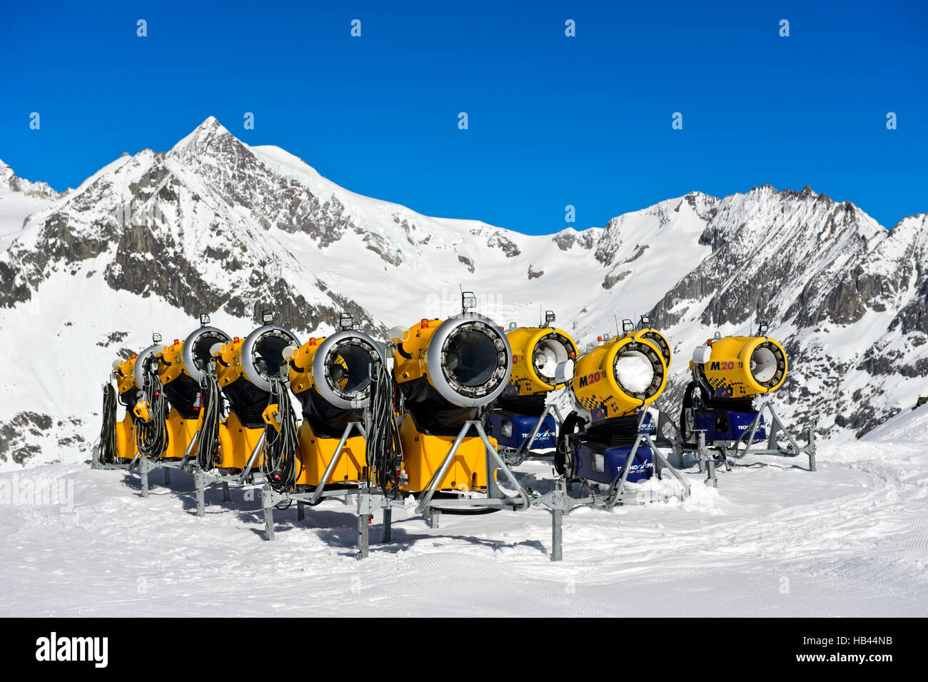 Batterie of TechnoAlpin snow cannons in the skiing area Aletscharena, Bettmeralp, Valais, Switzerland Stock Photo