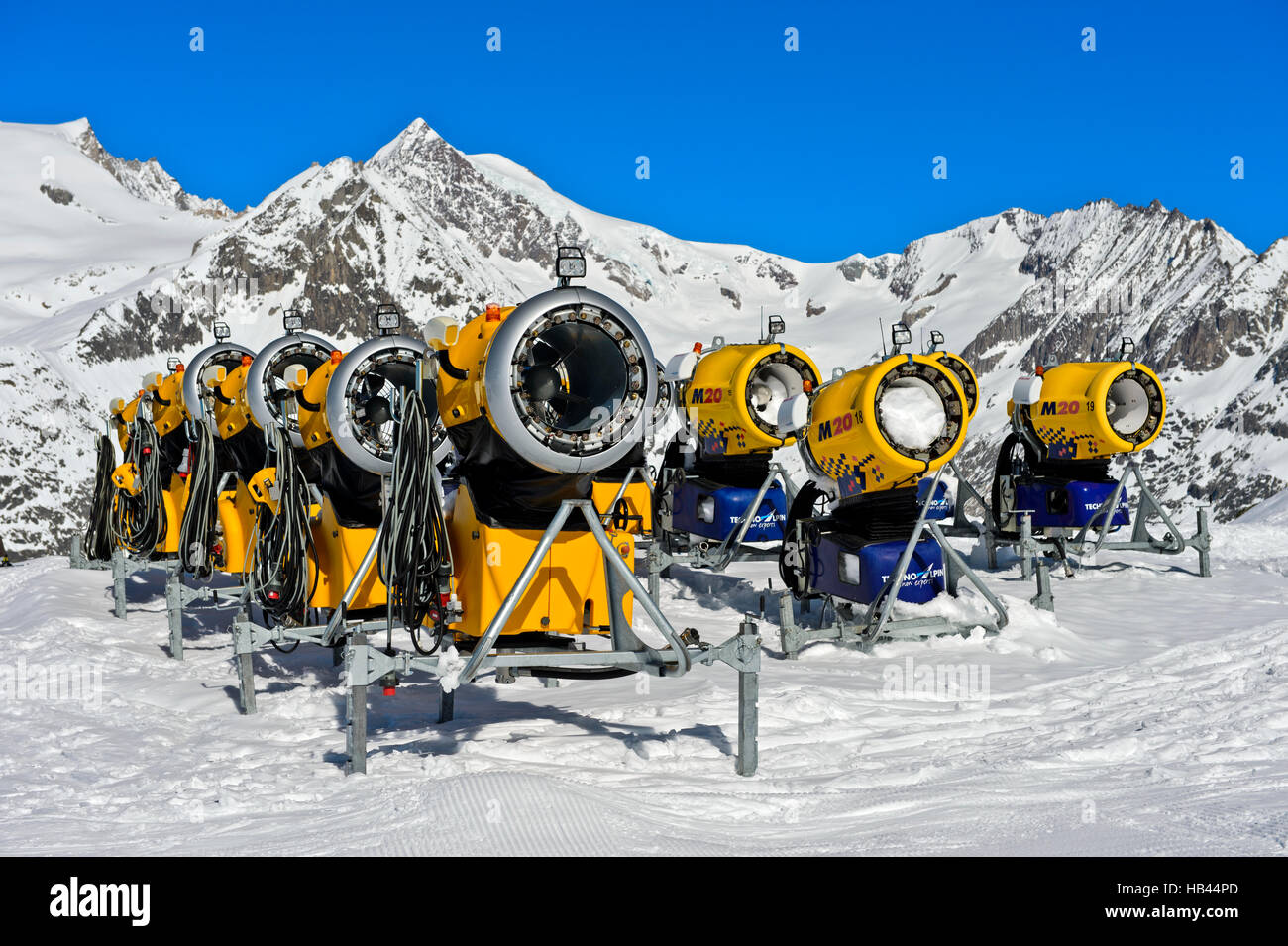 Batterie of TechnoAlpin snow cannons in the skiing area Aletscharena, Bettmeralp, Valais, Switzerland Stock Photo