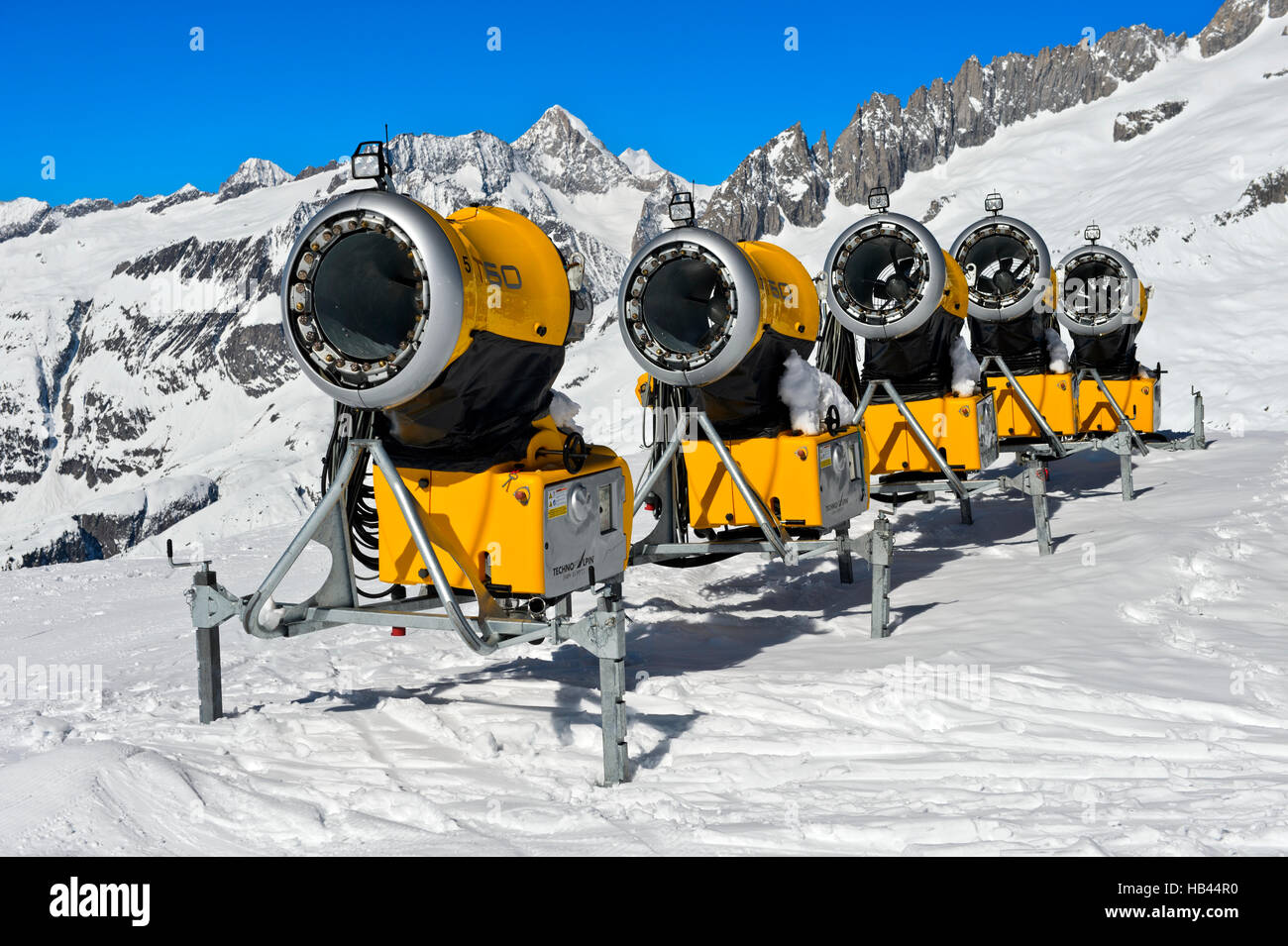 T60 TechnoAlpin snow cannons in the skiing area Aletscharena, Bettmeralp, Valais, Switzerland Stock Photo