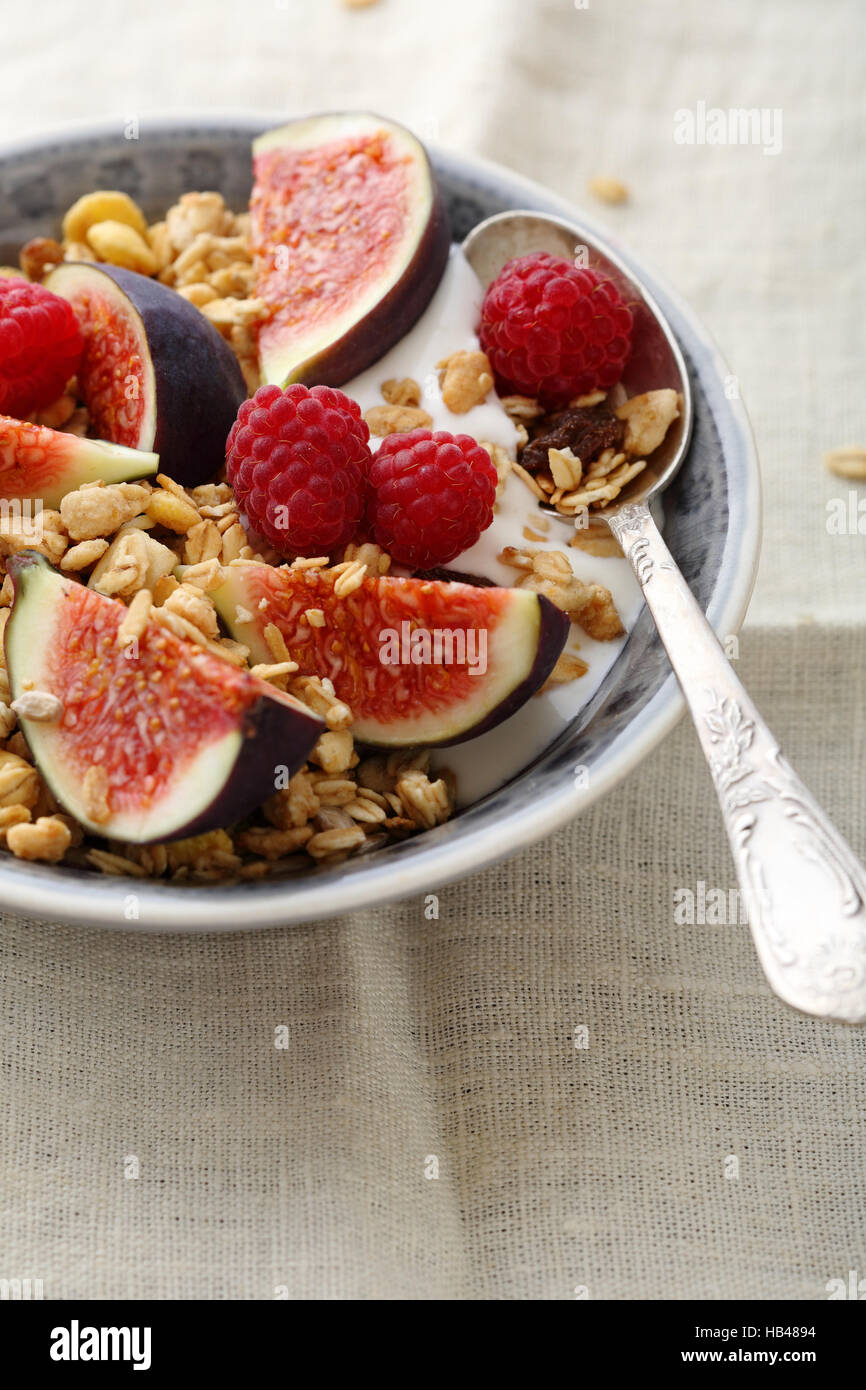 Healthy breakfast bowl with fruits, food closeup Stock Photo
