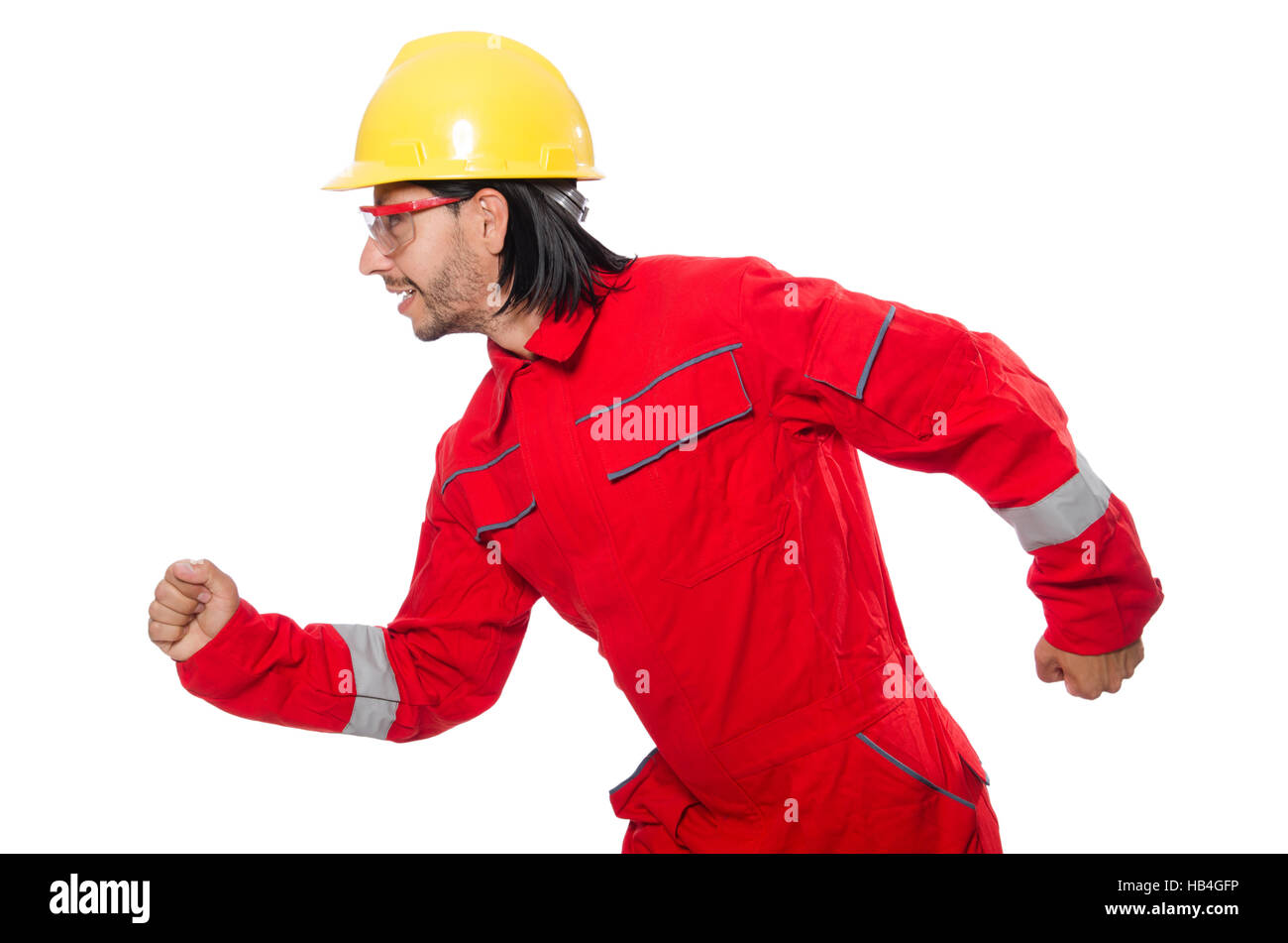 Man wearing red coveralls isolated on white Stock Photo - Alamy