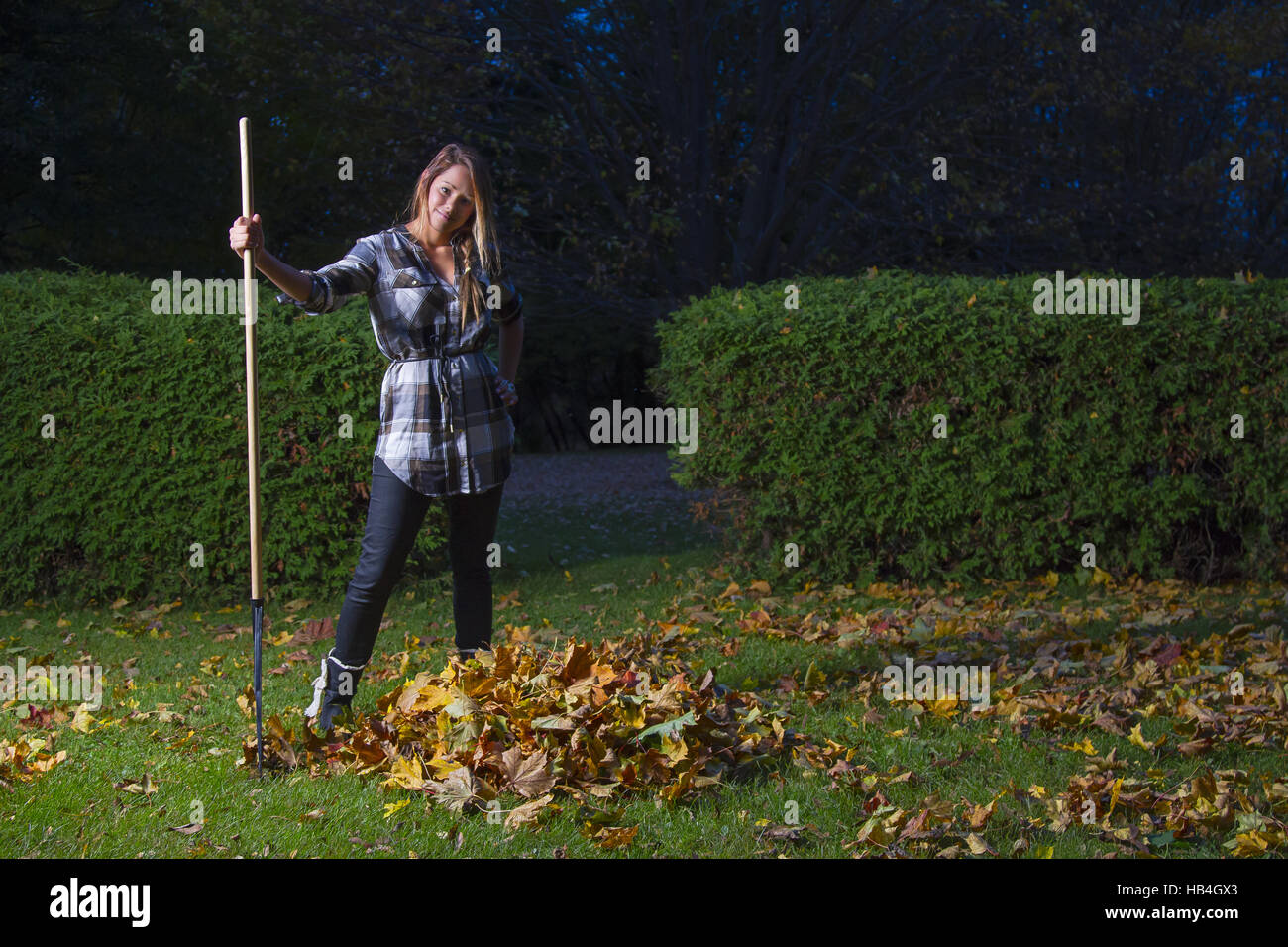 Young woman raking Stock Photo