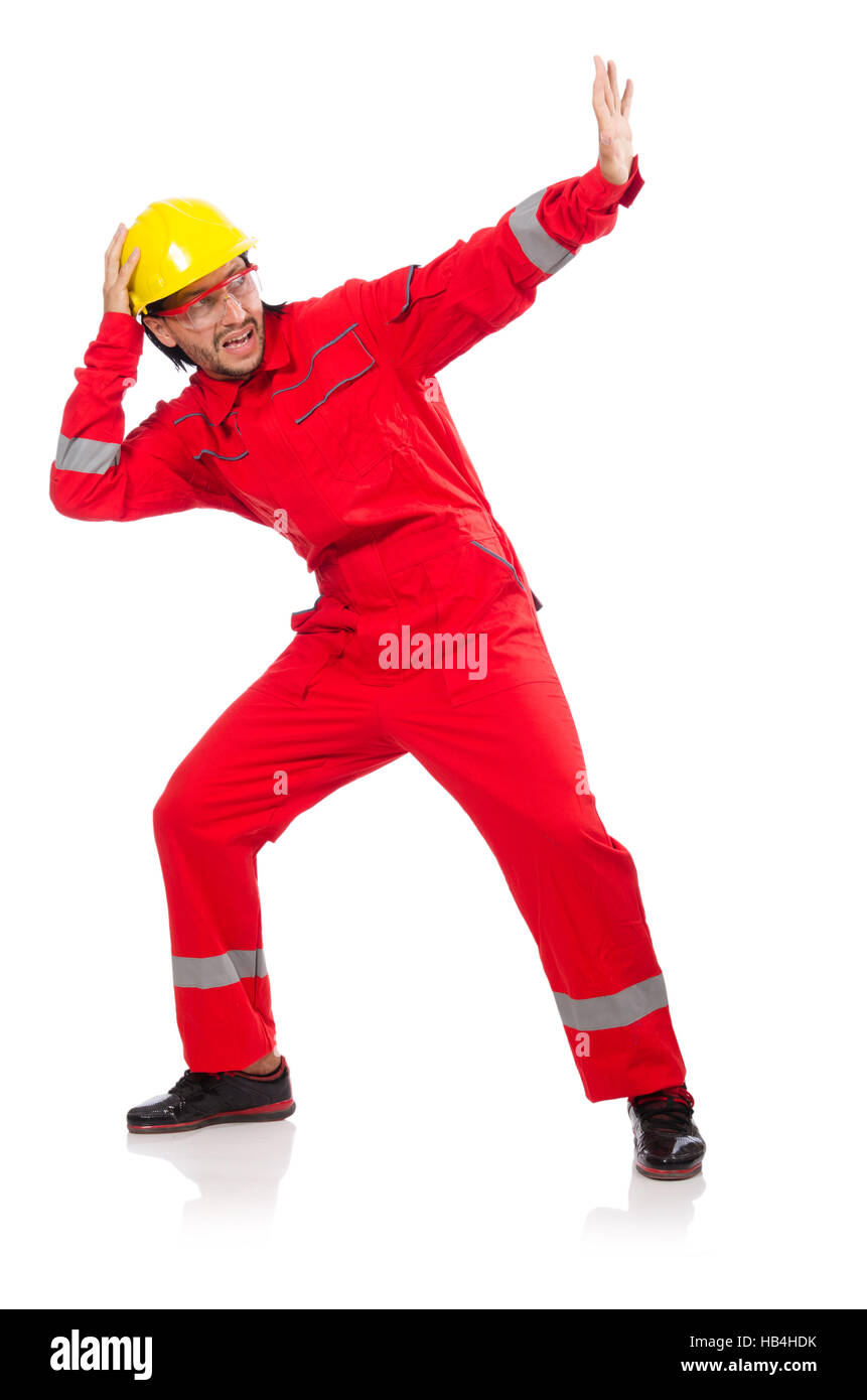 Man wearing red coveralls isolated on white Stock Photo - Alamy