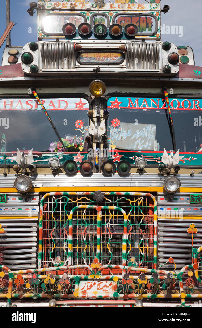 Decorated Indian passenger bus at Srinagar bus station, Kashmir, India Stock Photo