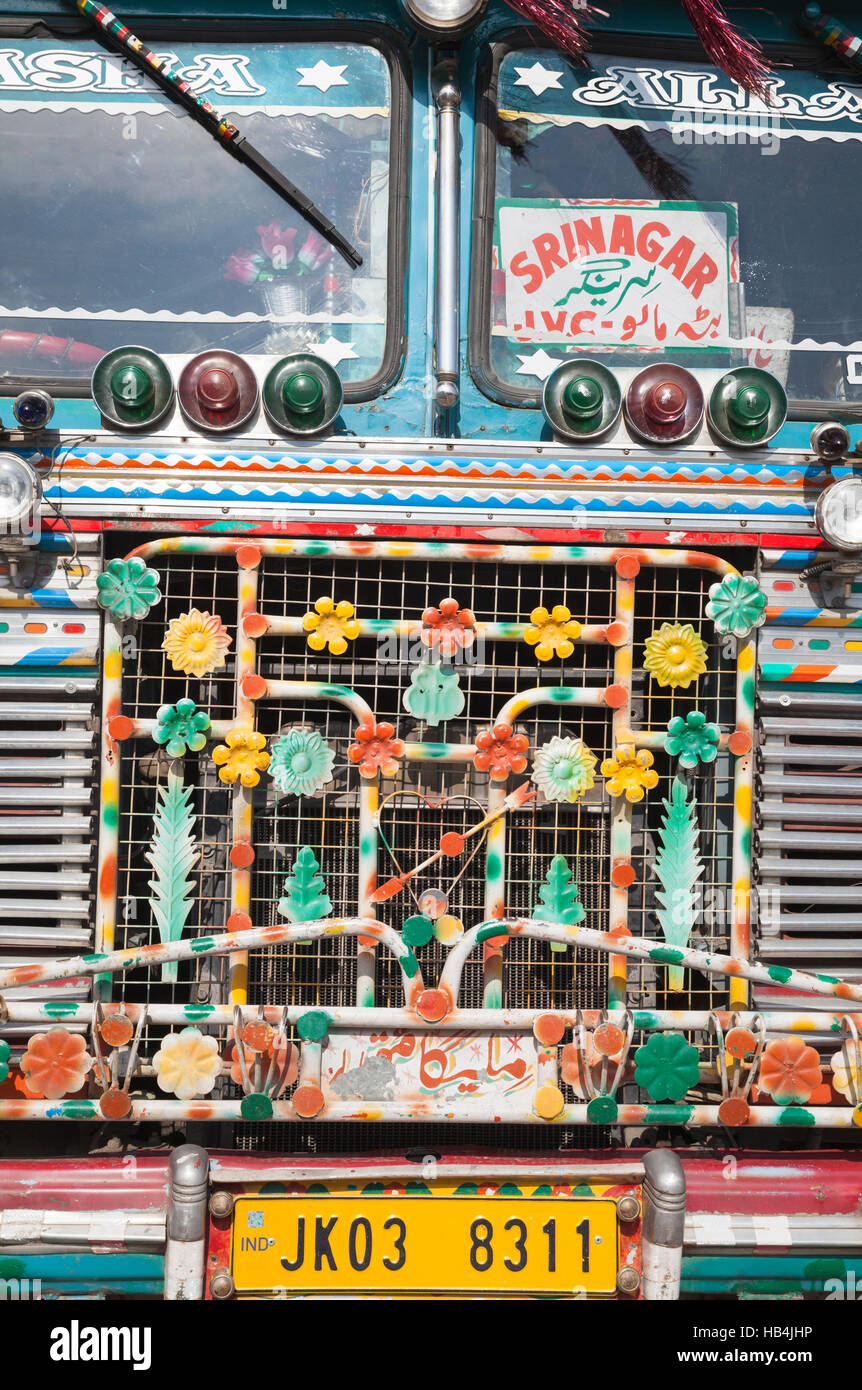 Decorated Indian passenger bus at Srinagar bus station, Kashmir, India Stock Photo