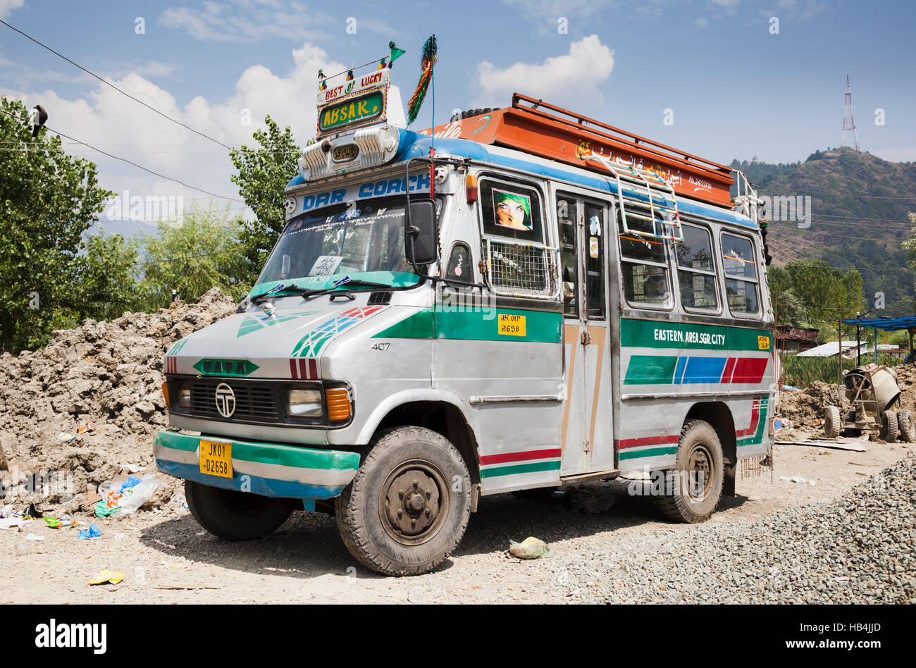 Decorated Indian passenger bus it Srinagar, Kashmir, India Stock Photo