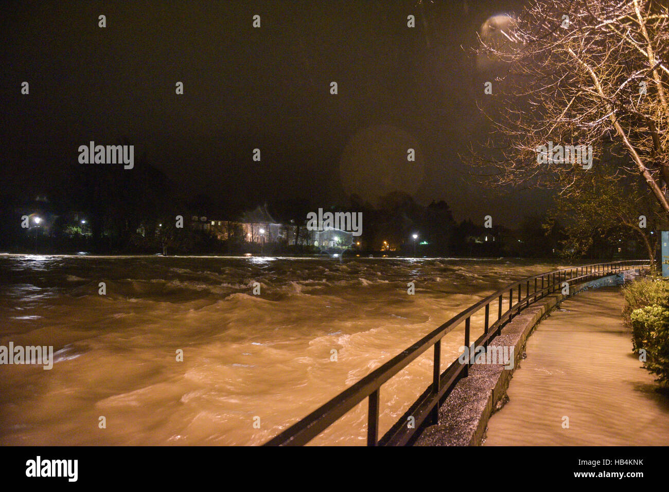 The River Kent burst its banks on the evening of the 5th of December in Kendal, Cumbria. Picture taken on in the 6th of December 2015 after 36 hours of torrential rain. Stock Photo