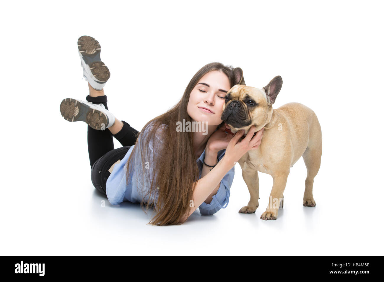 Beautiful girl with french bulldog Stock Photo