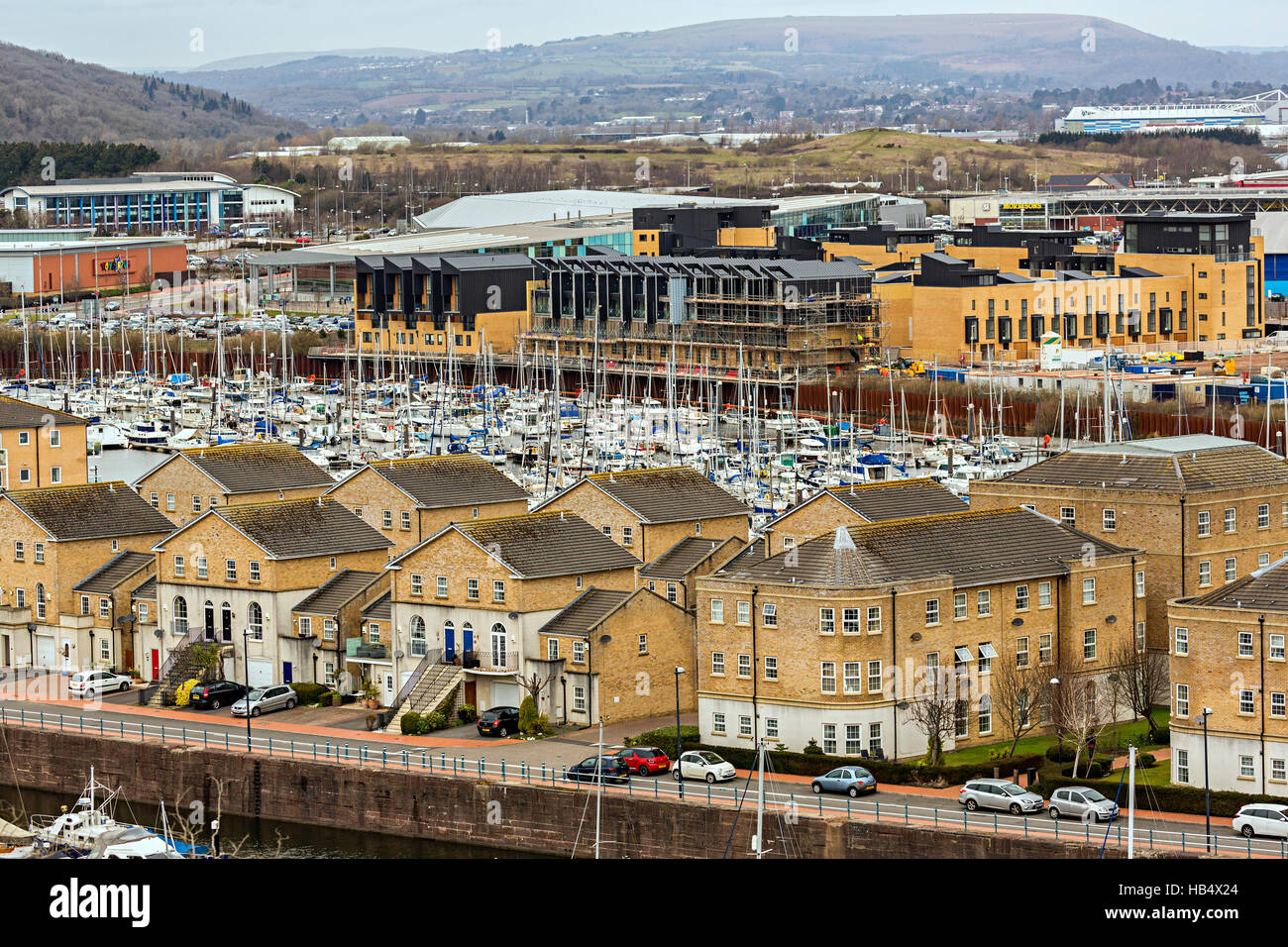 Houses and boats at Penarth Marina, Cardiff Bay, Wales, UK Stock Photo