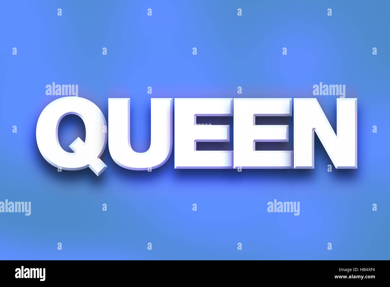 The word "Queen" written in white 3D letters on a colorful background concept and theme Stock