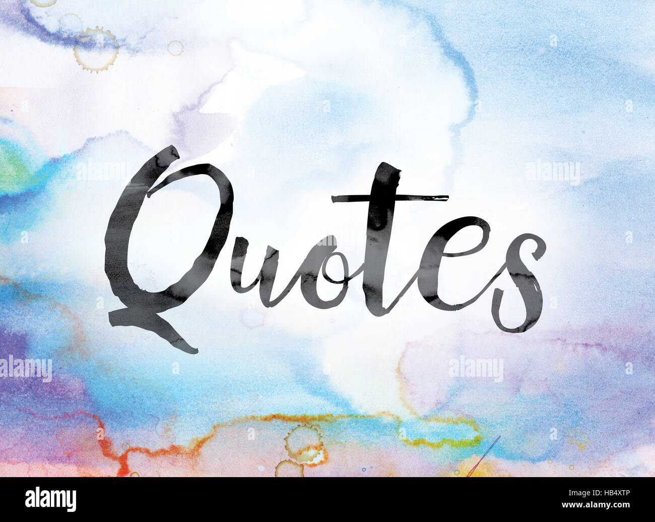 The word "Quotes" painted in black ink over a colorful watercolor