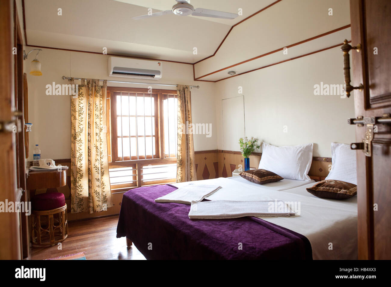 Bedroom on houseboat,Kerala backwaters,India Stock Photo