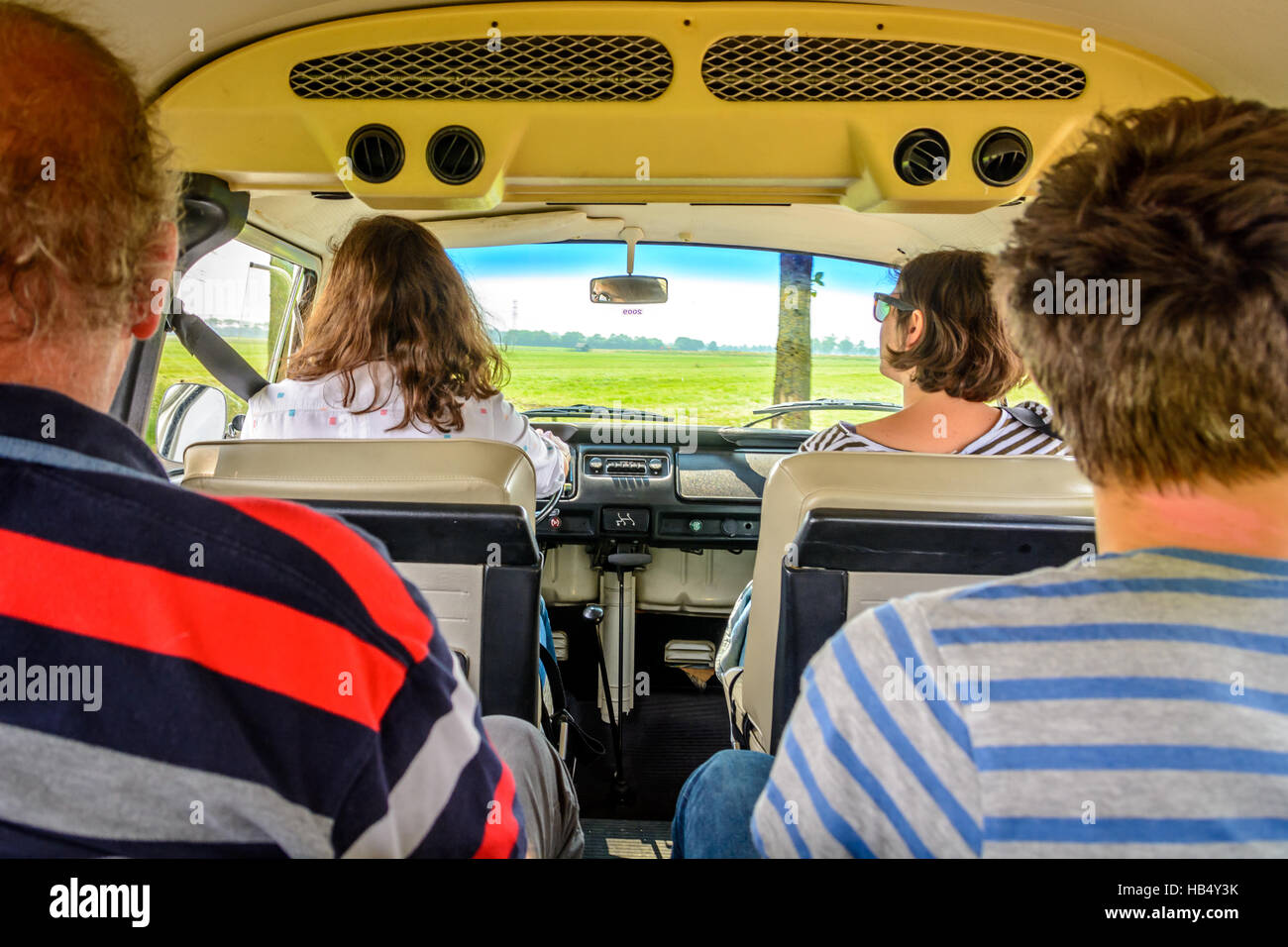 A Road trip in a vintage VW van Stock Photo