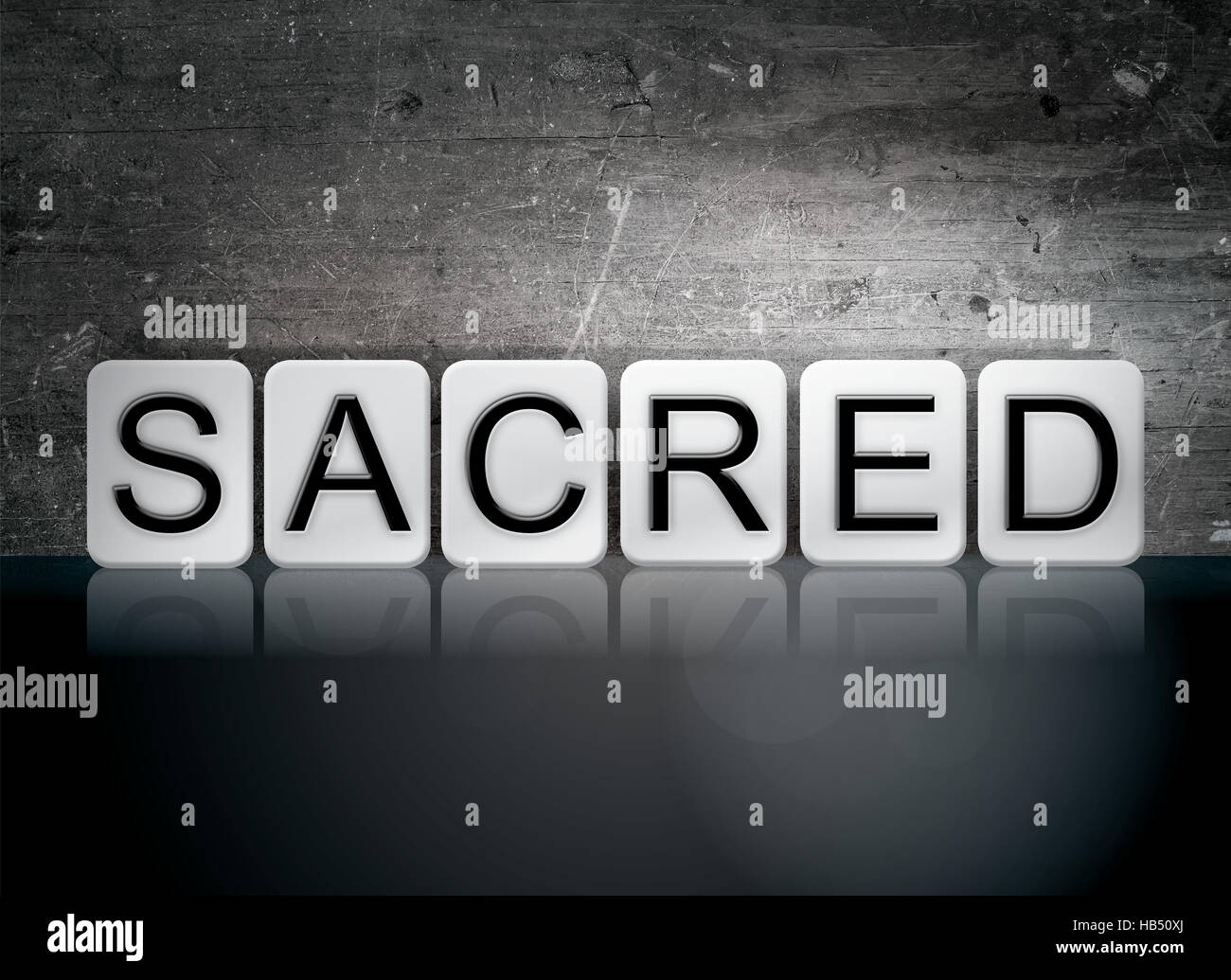 The word "Sacred" written in white tiles against a dark vintage grunge ...