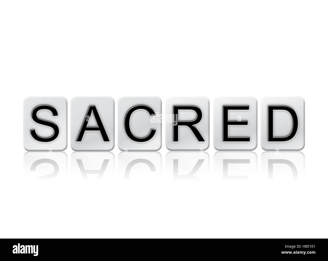 The word "Sacred" written in tile letters isolated on a white ...