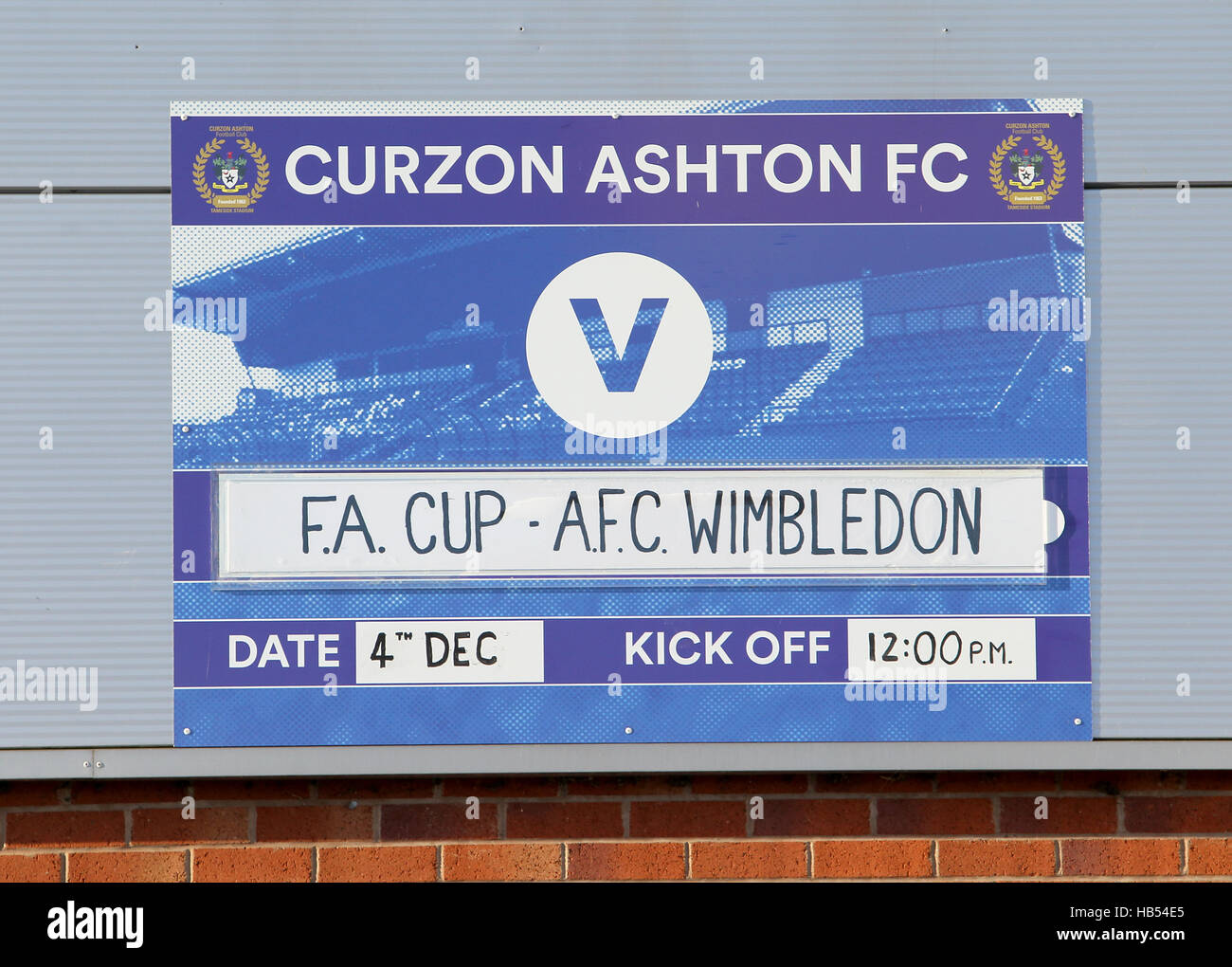 Signage outside the ground during the Emirates FA Cup match at the Tameside Stadium, Ashton-under-Lyne. Stock Photo