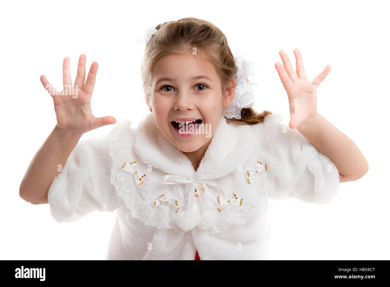 Portrait of cheerful beautiful little girl on a white background Stock ...