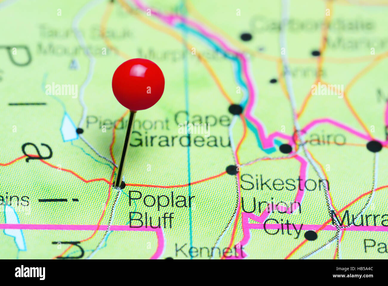 Poplar Bluff pinned on a map of Missouri, USA Stock Photo