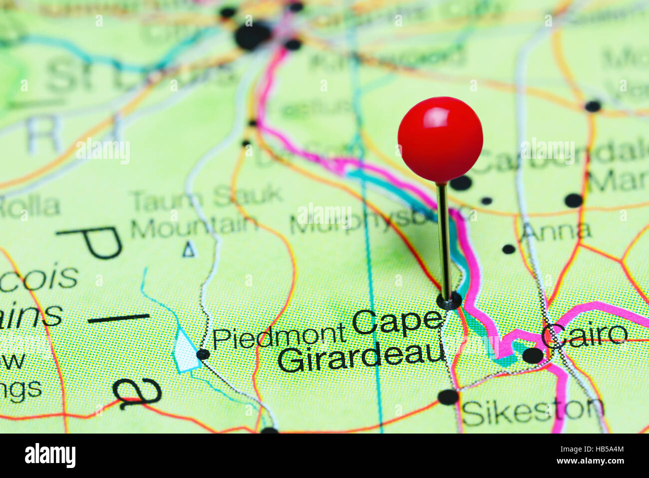 Cape Girardeau pinned on a map of Missouri, USA Stock Photo