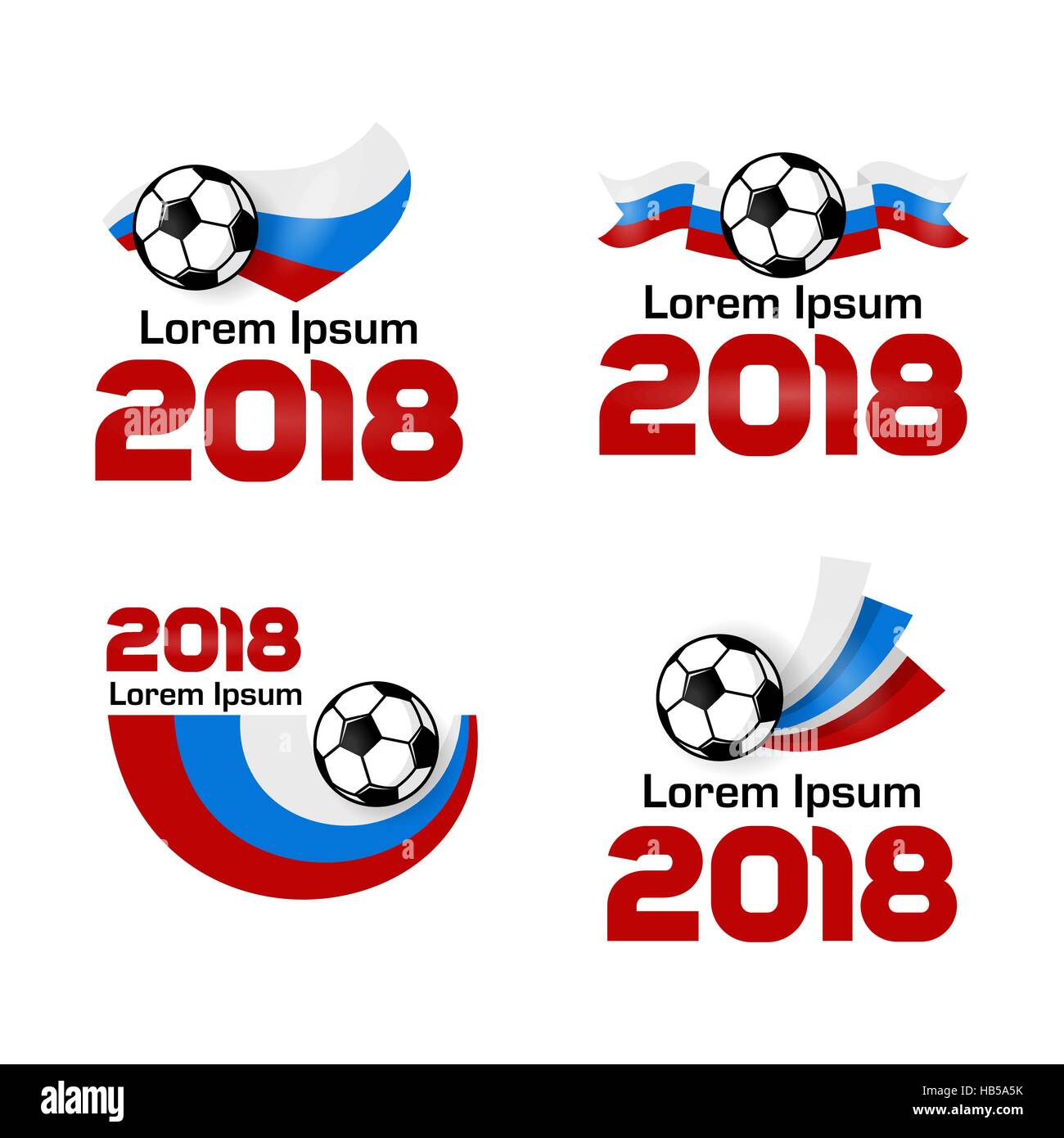 Logo Football Championship 2018 Russia. Poster with Russian flag. Vector Illustration. Flat colored banner isolated soccer ball Stock Vector